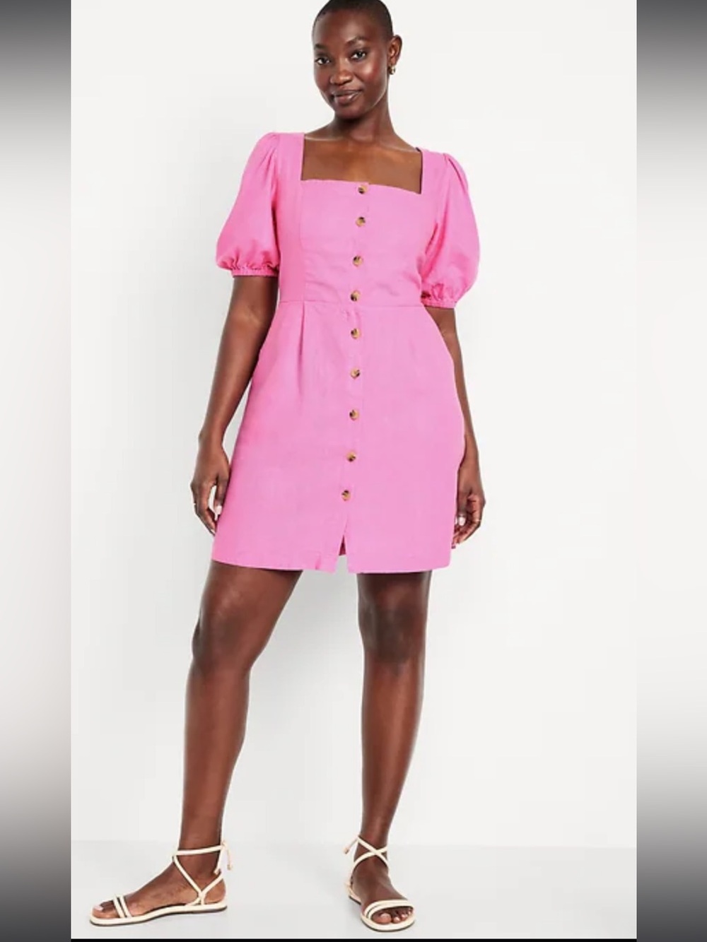 Puff-Sleeve Linen Blend Mini Dress- in Pink